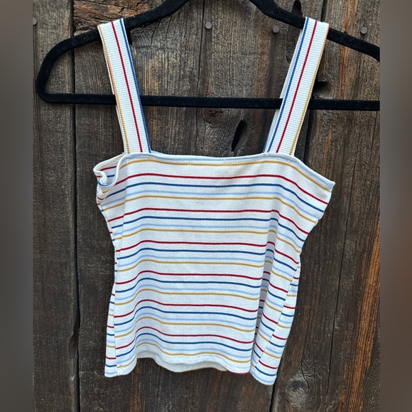 White Fawn Striped Tank Top White Yellow Blue Red Ribbed Shirt - Picture 2 of 6